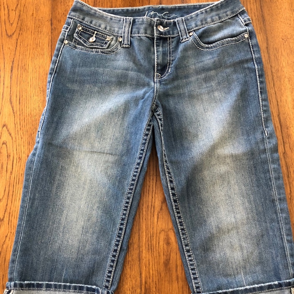INC Faded Denim Crops with Cuffs and Jewels size 6